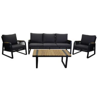 Salotto alluminio Idaho corda 3p antracite c/cuscini grigio top tavolo legno