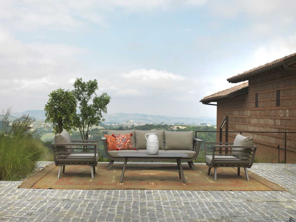 Salotto alluminio Riverside tortora 3 posti c/cuscini crema (bracciolo in hpl) - immagine 2