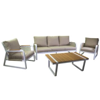 Salotto alluminio Idaho corda 3p biancocrema c/cuscini beige top tavolo legno