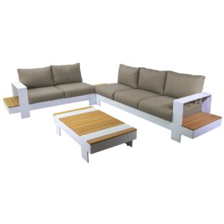 Salotto alluminio Idaho angolare 2+3 posti bianco crema top tavolo legno