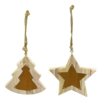 Decorazione legno naturale marrone stella albero 2 assortiti cm11x12x1,5