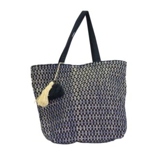 Borsa tessuto crema decori blu azzurro con manici cm43xh70/45x3