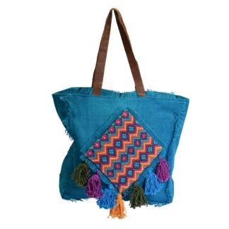 Borsa juta turchese c/pon pon cm43xh37x14