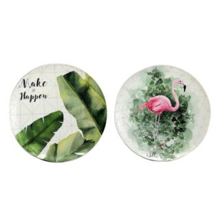 Targhetta metallo foglie e fenicottero 2 assortiti tondo cmø28x1,5