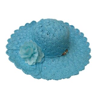 Cappello donna uncinetto azzurro con fiore cmø42xh42x11