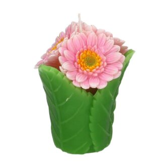 Candela margherita rosa con vaso cmø10,5h12,5