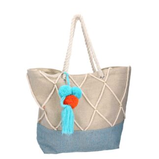 Borsa tessuto con pompon blu cm52x13h38