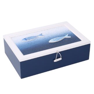Scatola legno mare blu bianco rettangolare cm24x16h7