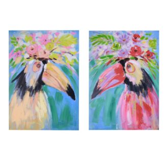 Quadro dipinto tucano con fiori 2 assortiti cm60x90x3