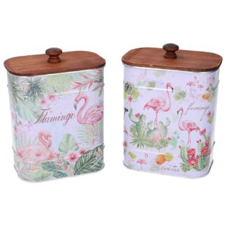 Scatola metallo bianco fenicotteri rettangolare 2 assortiti cm14x9h17