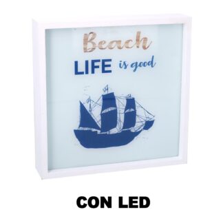 Quadro led legno mare barca bianco rettangolare cm20x20x4,5