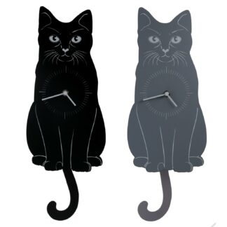 Orologio legno con pendolo gatto 2 ass nero e grigio cm47,5x17x3,5