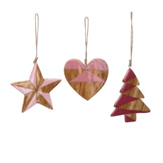 Decorazione albero legno e gomma rosa 3assortiti cm12,5x10x1
