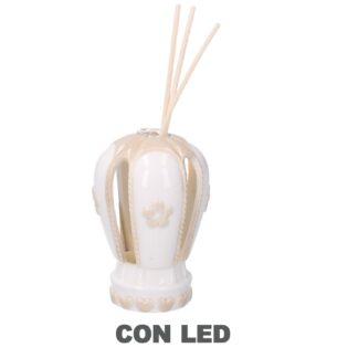 Profumatore ambiente ceramica mongolfiera fiori con led bianco crema cmø7h12/20