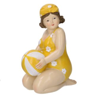 Statua resina donna in ginocchio con pallone giallo cm10,5x7,5h15