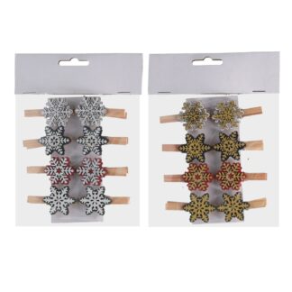 Molletta legno fiocco di neve confezione da 8 multicolor 2 assortiti cm3x5
