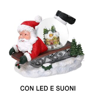 Palla di vetro led resina babbo natale slitta con musica cm19,5x12,5h18