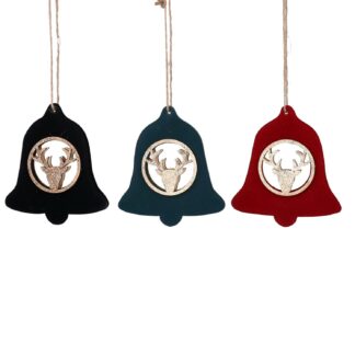 Campana legno e velluto con renna rosso3 assortiti cm9x8,5x1