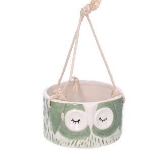 Portavaso pensile ceramica gufo verde cm ø12,4h7/20
