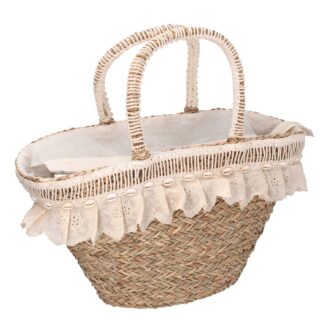 Borsa paglia naturale con pizzo crema econchiglie cm60x16h26/30