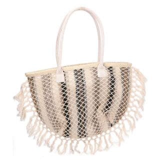 Borsa tessuto righe grigie con nappe cm40x13h32/50