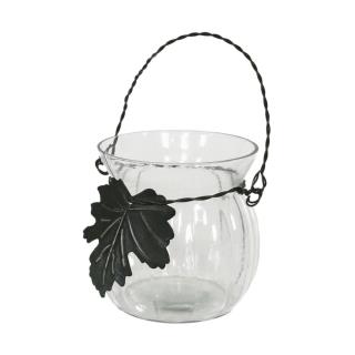 Portacandele vetro c/foglia e manico cm8h10