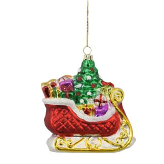 Slitta vetro con regali rosso cm10,5x5,3h12,5