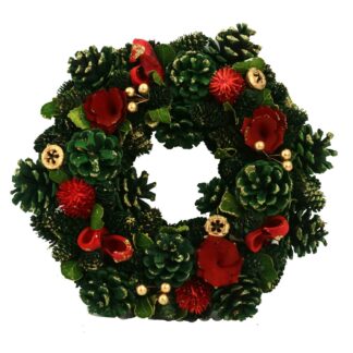 Coroncina con fiori rosso e pigneverde cm ø30h8