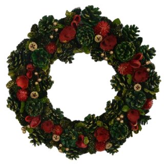 Coroncina con fiori rosso e pigne verdecm ø45h8