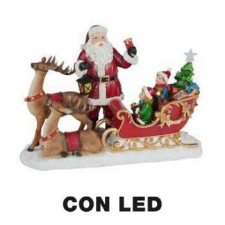 Babbo natale resina led con renna e slitta rosso cm38,5x17,5h27