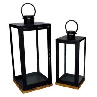 Lanterna metallo 1-2 nero base legno quadro cm24x24h55