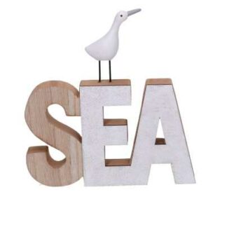 Scritta legno sea con gabbiano bianco cm16x2h17