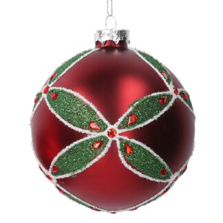 Sfera vetro rosso fiore glitter verdi cm ø10h10