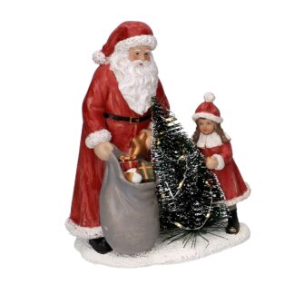 Statua resina babbo natale con bambina rosso con led cm15x11h18,5