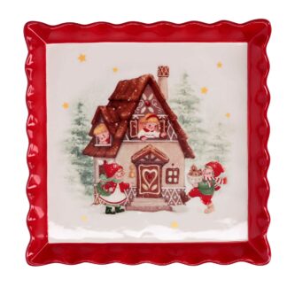 Centrotavola ceramica rosso e bianco quadro casetta cm20,7x20,7x2,7