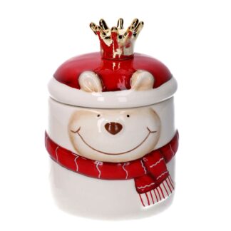 Scatola ceramica renna rosso tondo cmø9,5h14,5