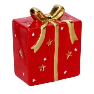 Pacco regalo ceramica rosso con led e fiocco oro cm10x6,5h12