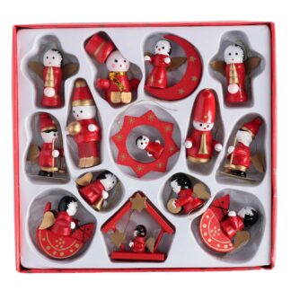 Addobbo per albero legno confezione 14pz rosso e oro cm20,5x19,5h3