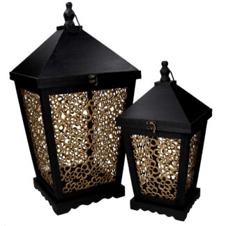 Lanterna legno 1-2 fiori oro e nero cm32x32h62