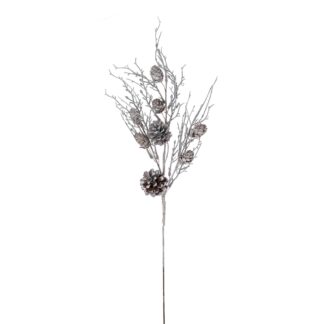 Ramo plastica bianco con pigne cm86