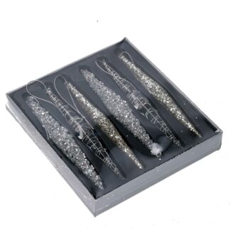 Addobbo per albero vetro ghiacciolo conf. 6pz argento cm2x2h16