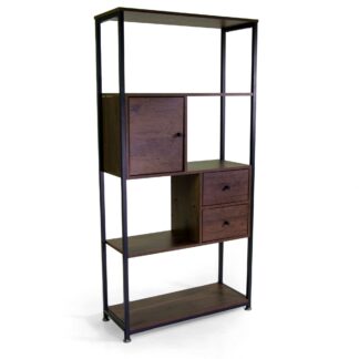 Scaffale Mudra 4piani+2cassetti+1anta legno noce e nero smontato cm78x30h158