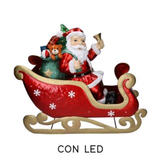 Babbo natale resina su slitta metallo rosso con led cm64x26h60