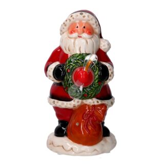 Babbo natale ceramica rosso con led, scritta olografica e muscia cm13,5x13,5h26