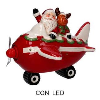 Babbo natale ceramica rosso su aereo led, scritta olografica musica cm22x25,5h20