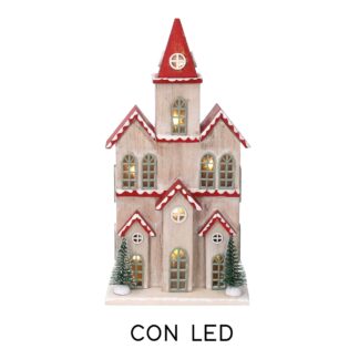 Casetta legno chiesa rosso con led cm13,5x8,3h27,5