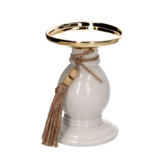 Portacandele ceramica bianco e oro tondo cm ø10h14