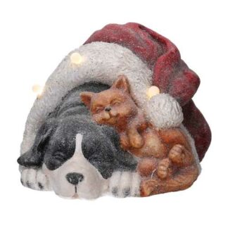 Cane resina nero con gatto, cappello e led cm35x34h24,6