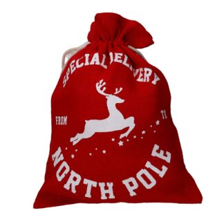 Sacchetto juta rosso con renna bianco cm30/35xh45x3