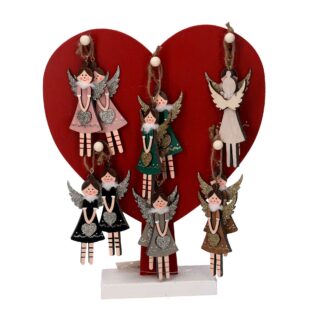 Cuore legno espositore c/12 addobbo angelo 1-2 rosso cm22,5x6h27